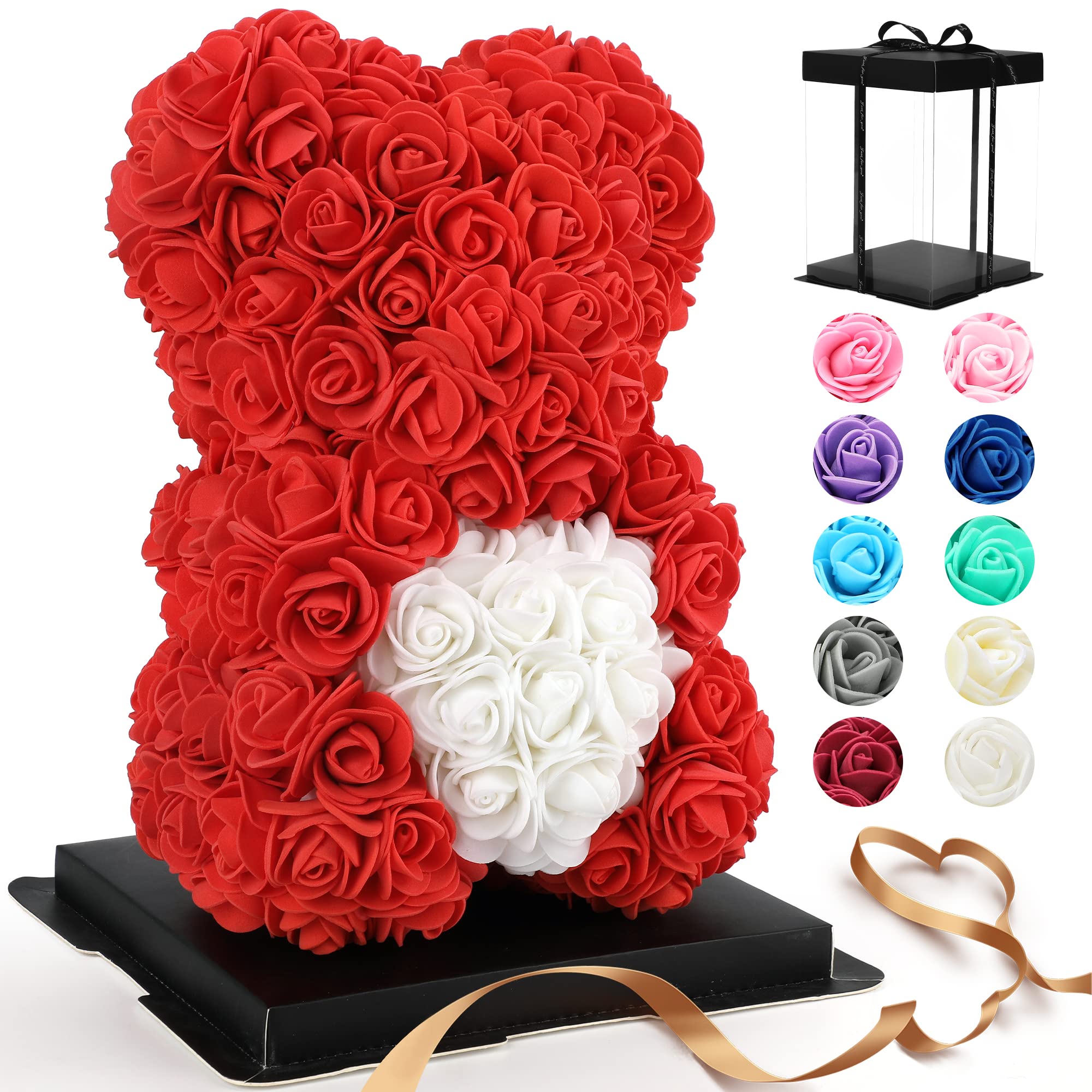 Gifts for Women - Rose Teddy Bear - Rose Flowers Bear, Unique Gifts, Gifts for Girls,Gifts for mom,Birthday Gifts,Flower delivery - Clear Gift Box Included (red)