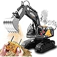 Remote Control Excavator Toys for Boys,16 Channel RC Digger Construction Toys Tractor, One-Click Acceleration, Simulated Smoke, Sound, Lights, Metal Digging Head, Toys for Boys 6 7 8 9 10 11 12