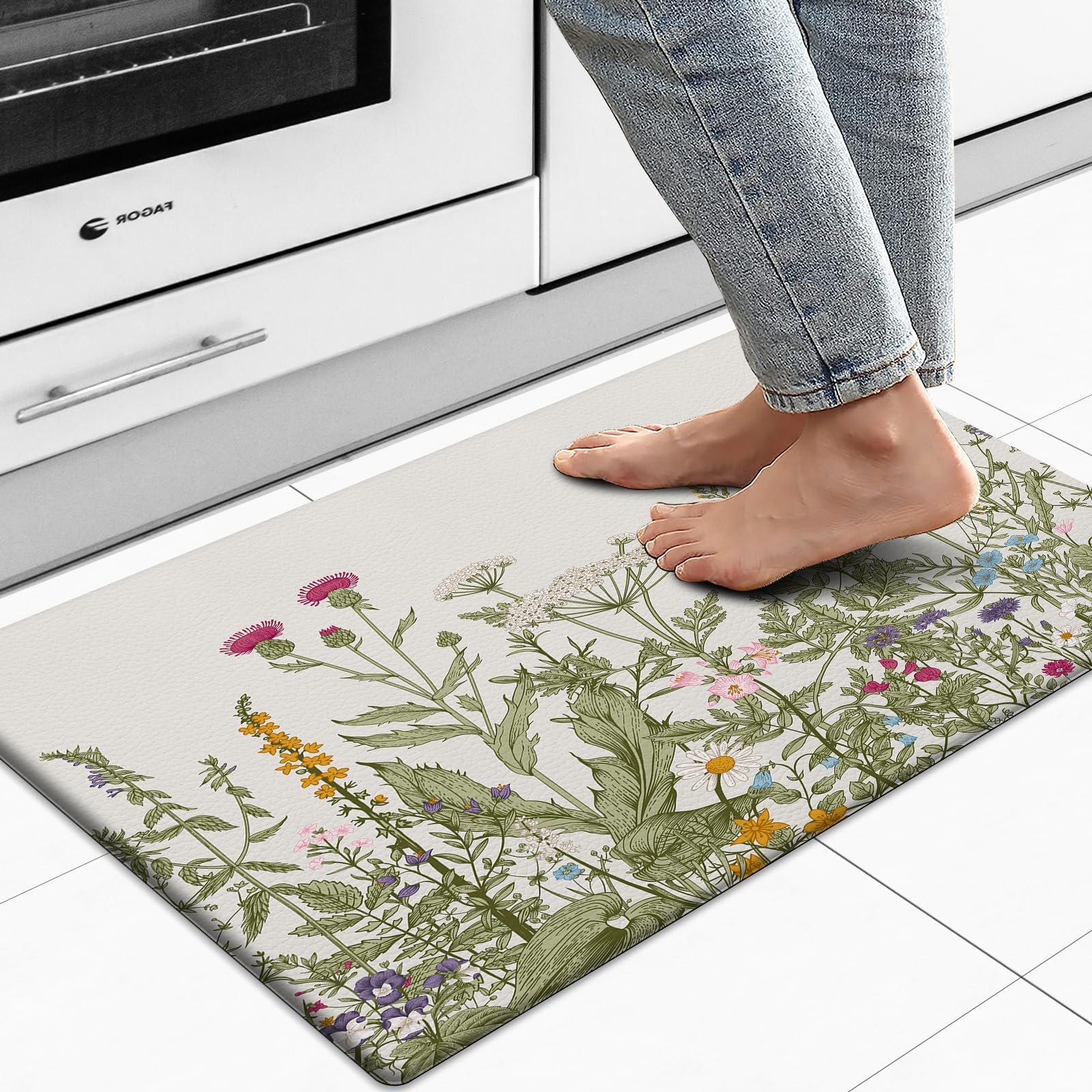 Photo 1 of MAYHMYO Kitchen Rug Anti Fatigue Kitchen Mat Cushioned Colorful Floral Plants Cute Vintage Kitchen Rugs Non Skid Waterproof Kitchen Rugs and Mats for Floor Laundry Standing Desk Sink