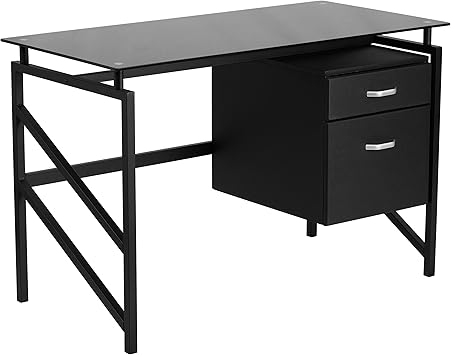 Amazon Com Mfo Glass Desk With Two Drawer Pedestal Kitchen Dining