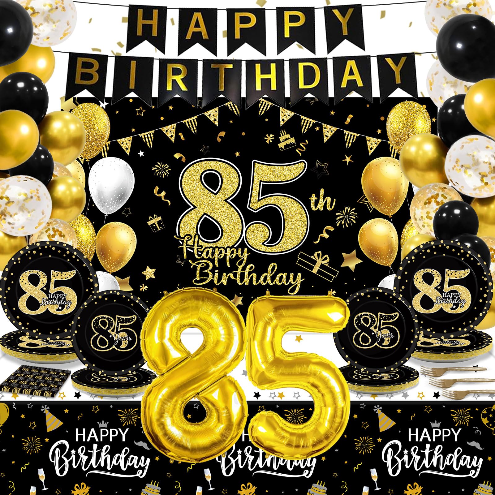 Photo 1 of 143 Pcs 85th Birthday Party Supplies Set for 24 Guests 85th Birthday Plates Backdrop Decorations Kit for Women Men Cheers to 85 Years Plates Tablecloth Banner Balloons Tableware Party Decors