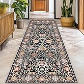 Washable 2x5 Hallway Runner Rug, Non-Slip Low Pile Cozy Kitchen Runner Rug, Black Boho Vintage Floral, Ultra Soft, Stain Resistant, Pet & Kid Friendly Rugs for Bedroom Bathroom Laundry Room Entryway