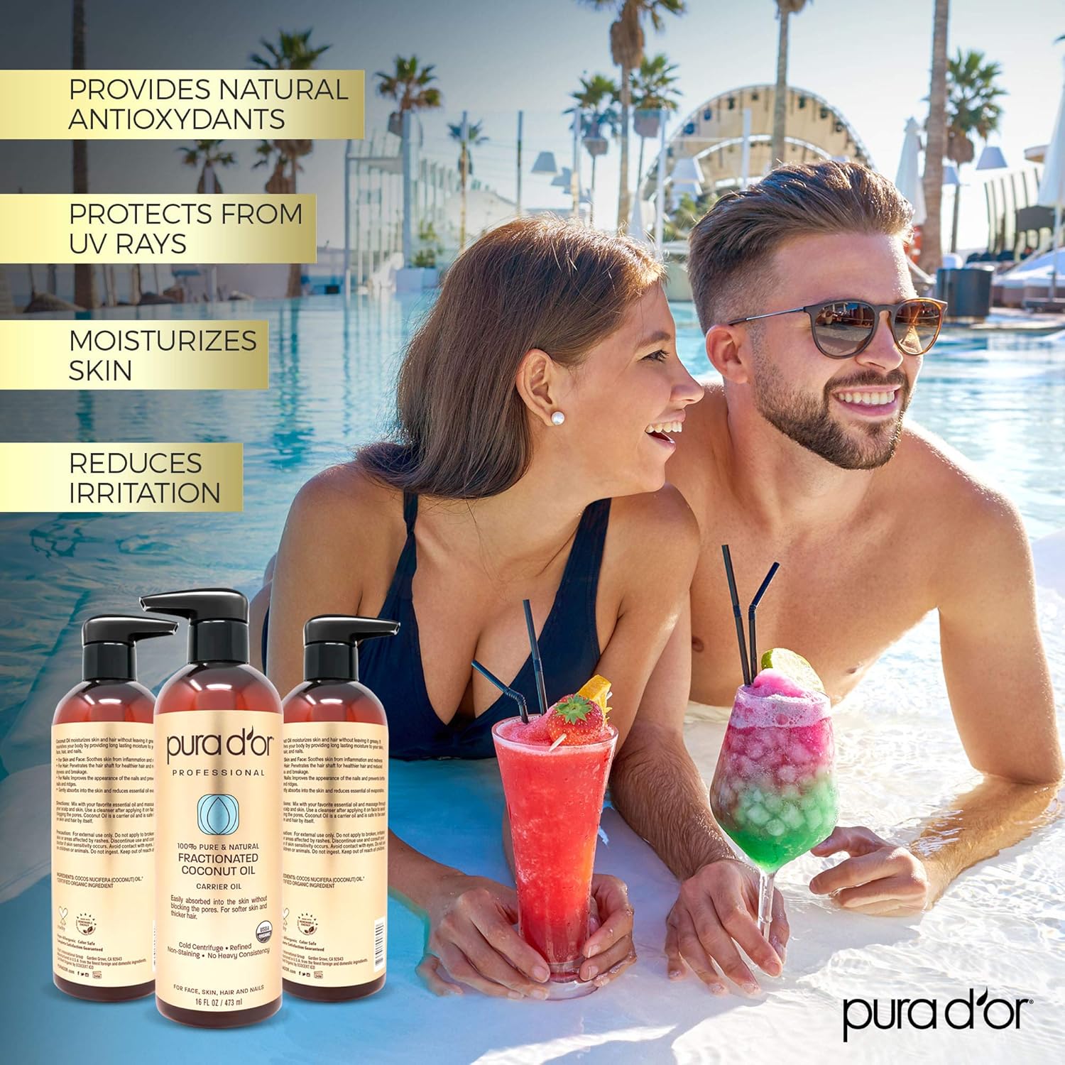 PURA D’OR Organic Fractionated Coconut Oil (16oz / 473ml) USDA Certified 100% Pure & Natural MCT Oil Sustainably Sourced Hexane Free Moisturizing Carrier Oil For Face, Skin & Hair (Packaging may vary): Beauty