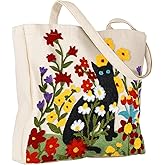 Miss Adola Aesthetic Embroidery Tote Bag for Women - Reusable Canvas Cute Shoulder Bag for Shopping, Grocery, Work, Book