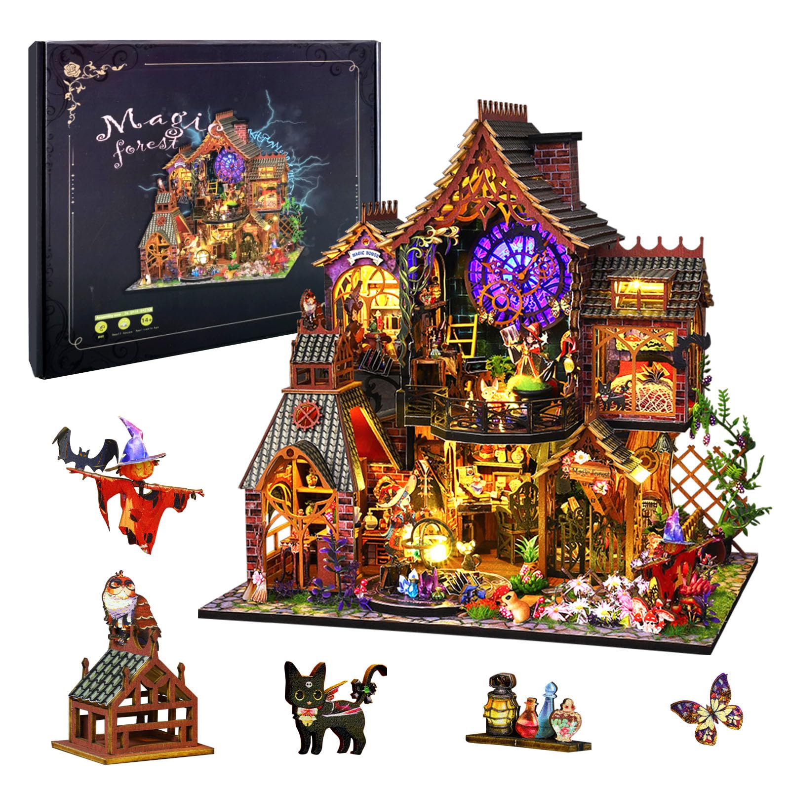 OurMiao DIY Miniature House Kit Magic Forest, Mini Doll House Building Kit with LED Lights Furniture, Miniature Dollhouse Kit Wooden Crafts for Adults Teens Gifts