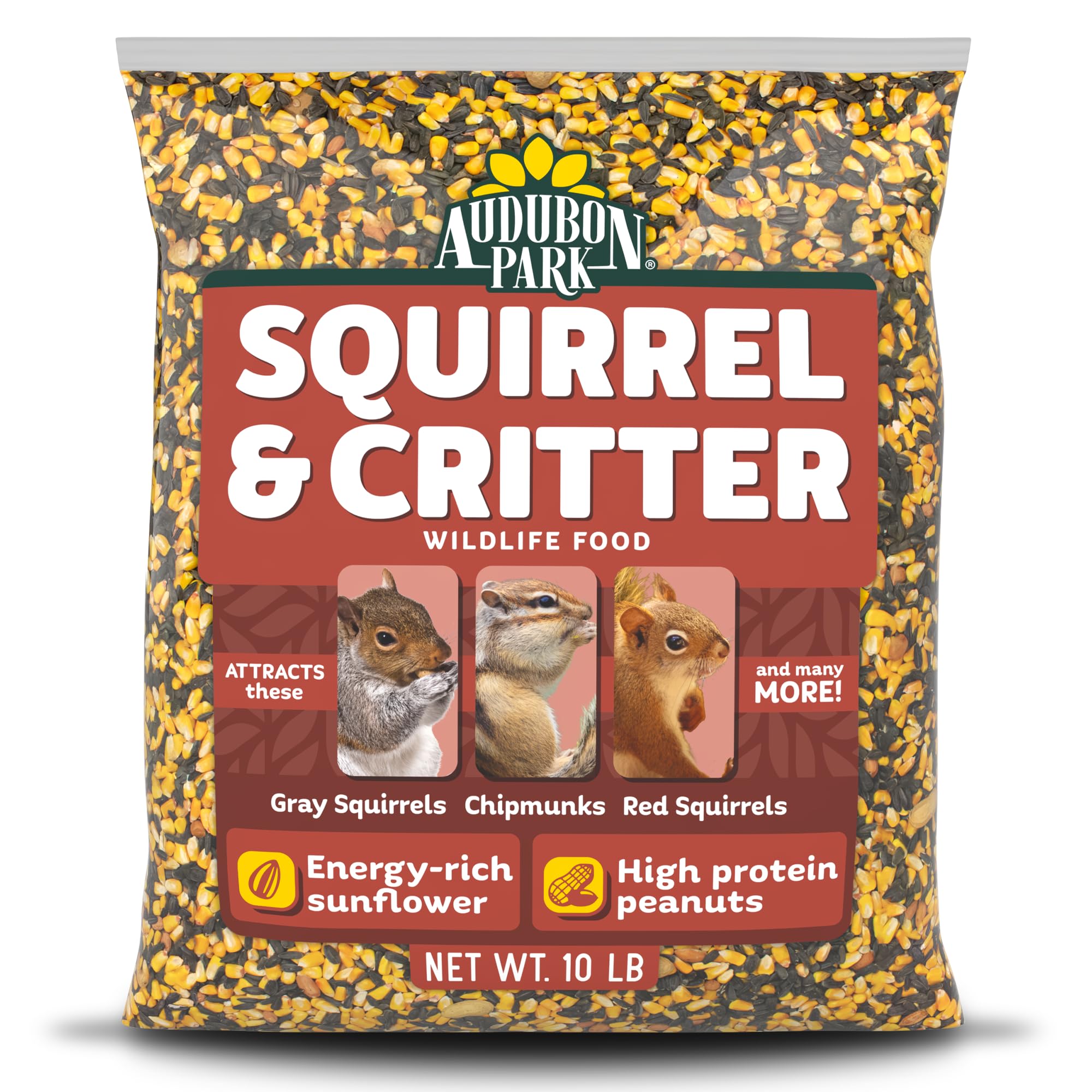 Audubon Park Squirrel & Critter Food, 10 lb | Corn, sunflower seeds & peanuts for squirrels, chipmunks, & backyard wildlife