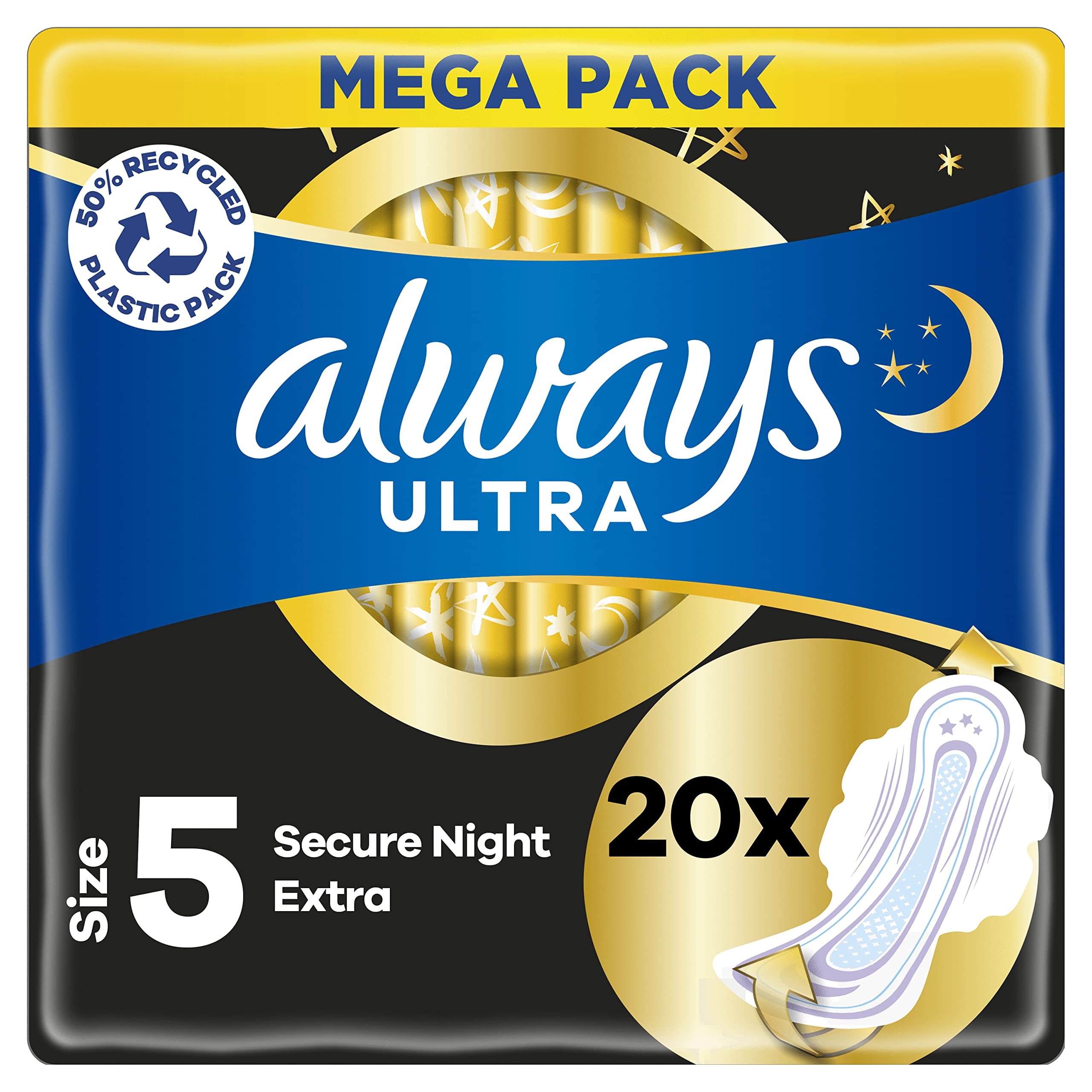 Always Ultra Sanitary Towels with Wings, Secure Night, Size 5, 80 Towels (20 x 4 Packs), MEGA Pack, Odour Neutraliser, Absorbent Core