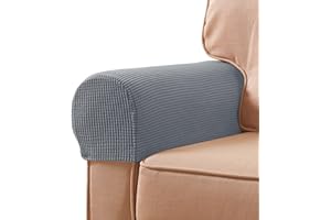 SUBRTEX Stretch Couch Arm Covers Set of 2, Checkered Sofa Arm Slipcovers, Anti-Slip Armrest Covers for Recliner and Armchairs, Pet Proof, High Stretchy, Hook & Loop Tape, Light Gray