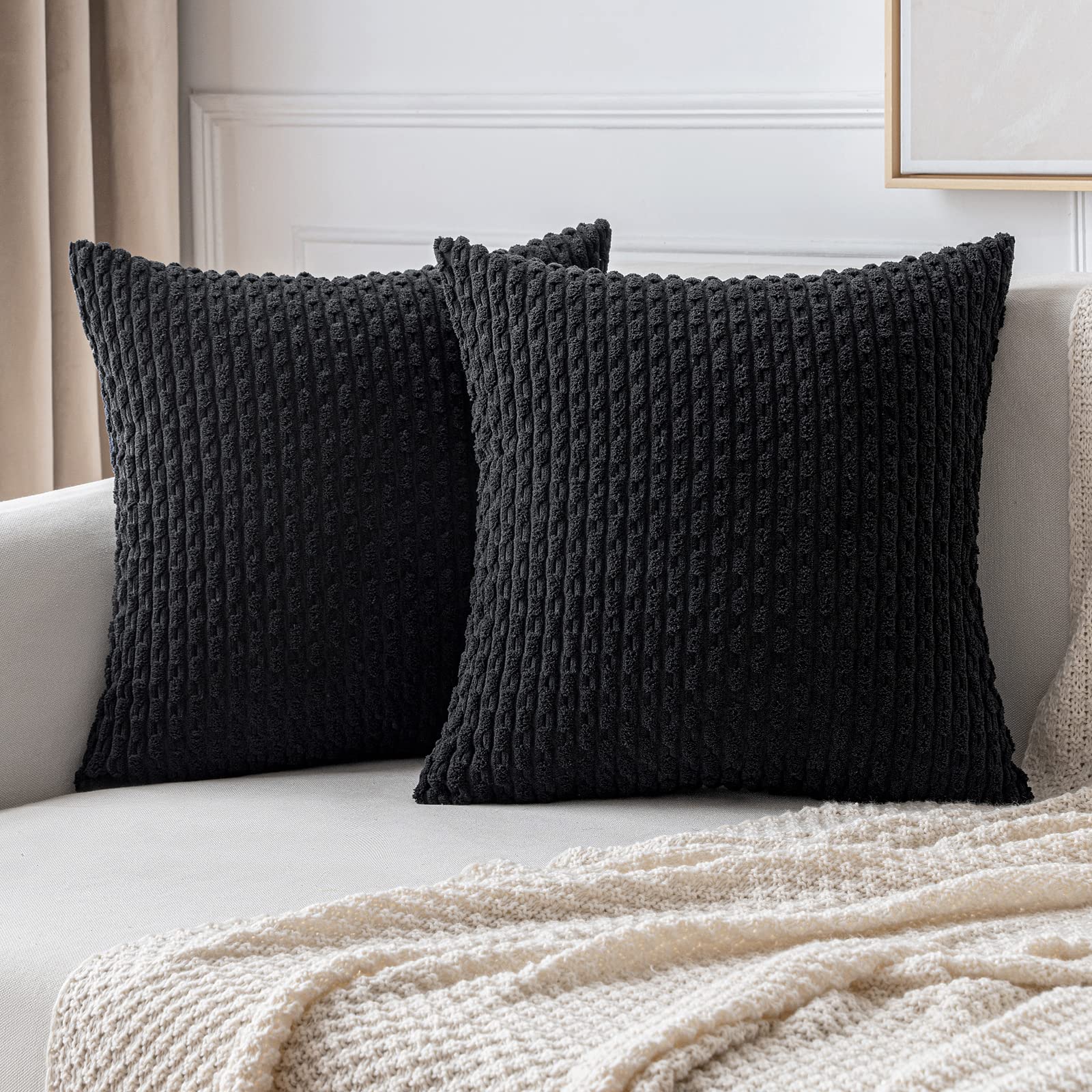 MIULEE Corduroy Cushion Covers Decorative Soft Throw Pillow Cover Square Pillowcase for Sofa Livingroom Chair Bedroom with Invisible Zipper 18x18 Inch 45x45 cm Pack of 2 Black — image 1