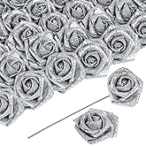 ICBOX Artificial Flowers 30 PCS Silver Glitter Foam Artificial Flowers with Stem, Glitter Roses Shiny Flowers for DIY Wedding Bouquets Party Home Decor(Silver)