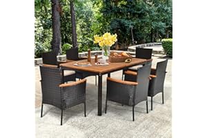 Toolsempire 7 Pieces Patio Dining Set Outdoor Dining Set with Umbrella Hole, Wicker Patio Furniture Set with Acacia Wood Table and Chairs, Garden Dining Table Set for Backyard, Desk, Poolside (Brown)