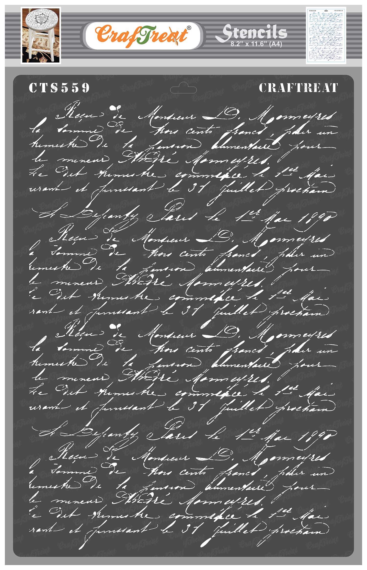 CrafTreat Reusable French Script Stencils A4 for Furniture Painting, Letters, Crafts, Vintage Pattern, Wood, Home Decor