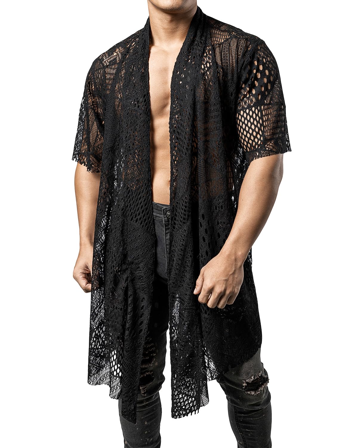 Photo 1 of JOGAL Mens Mesh Fishnet See Through Cardigan Ruffle Shawl Collar Open Front Top Black Medium