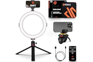 SQUATZ 8'' Small Ring Light for Desk with Stand and Phone Holder - 360 Rotating & Standard Desktop Tripod Kit - 14W Rotation Motion for Vloggers, TikTok, YouTube