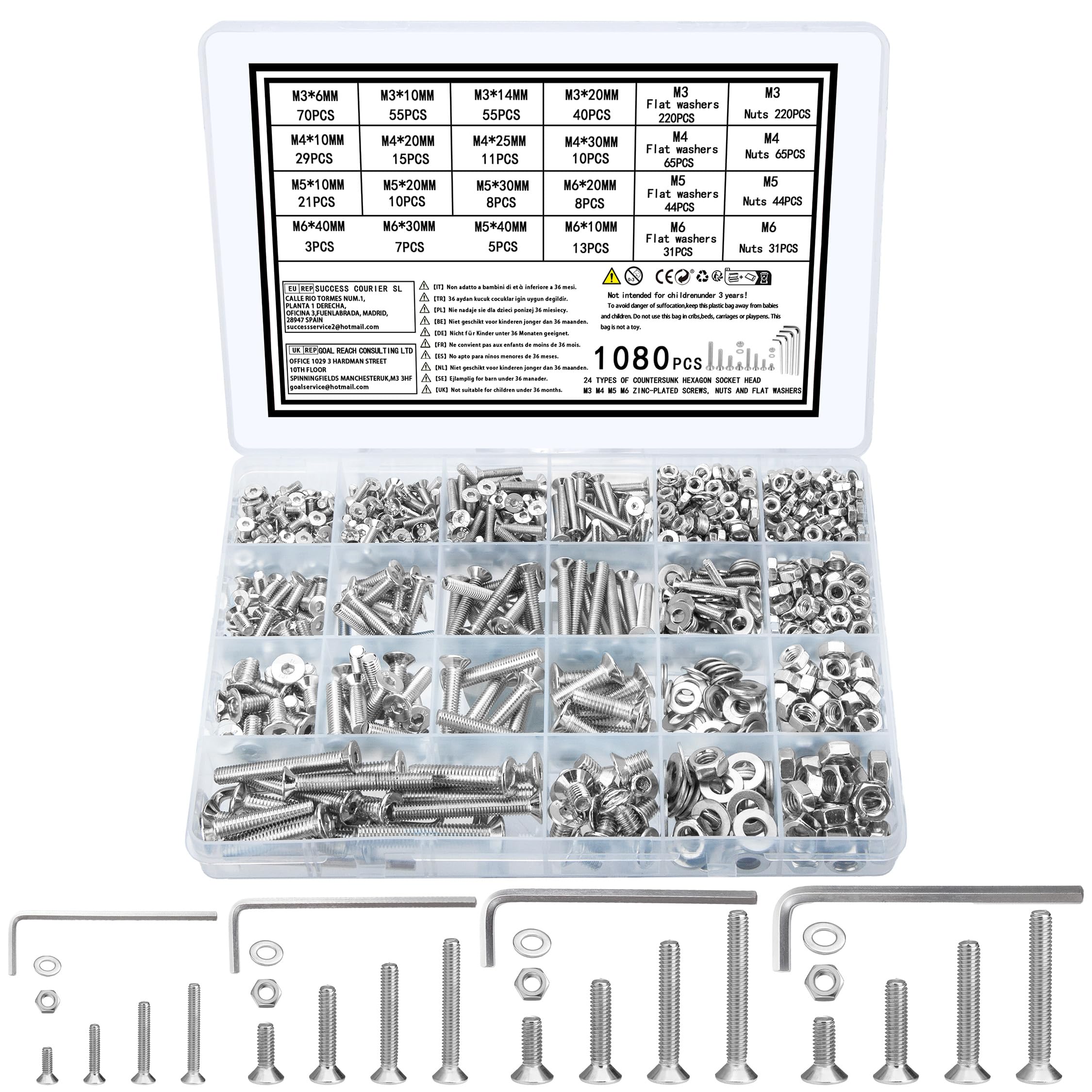 zrfgbxim 1080 Pcs M3 M4 M5 M6 Nuts and Bolts Set, Countersunk Screws and Nuts Set with Washers, Flat Head Machine Screws, Countersunk Hex Socket Head Cap Bolts and Washers Assortment Kit