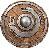 THOR INSTRUMENTS 24 Inch Medieval Warrior Wooden Viking Shield Round Shield Dragon Face Vikingfor LARP, Cosplay, Renaissance Fairs, Halloween, Historical Reenactment