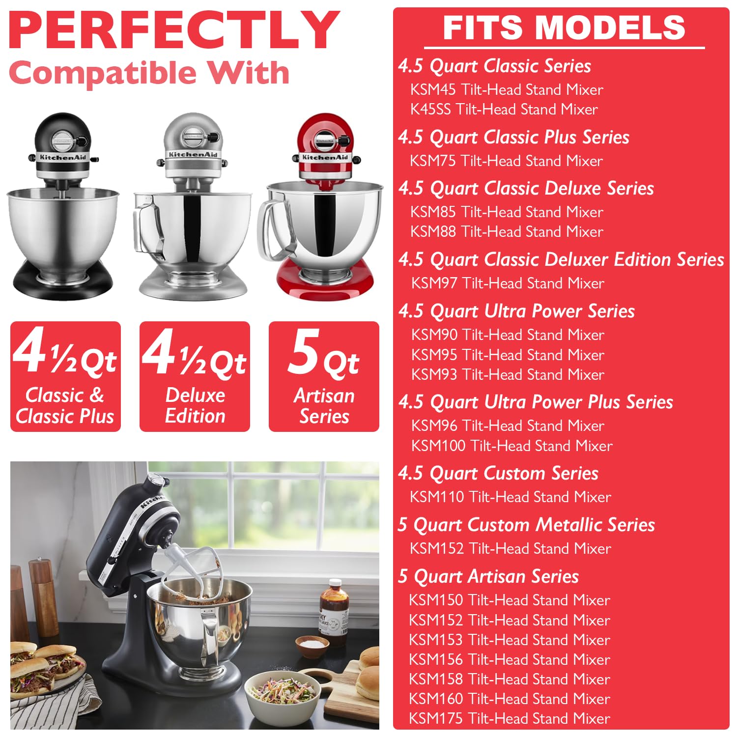 5 Qt 18/8 Stainless Steel Mixing Bowl for Kitchen Aid Tilt-Head Classic&Artisan Series Stand Mixer, Mixer Bowl Replacement Compatible with K45, KSM85, KSM90, KSM150, Dishwasher Safe, Ergonomics Handle