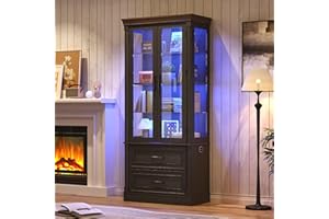 St.Mandyu 71" Tall Display Cabinet with Glass Doors, Curio Case with LED Sensor Lights and 2 Storage Drawers for Living Room, Home, Kitchen, Black