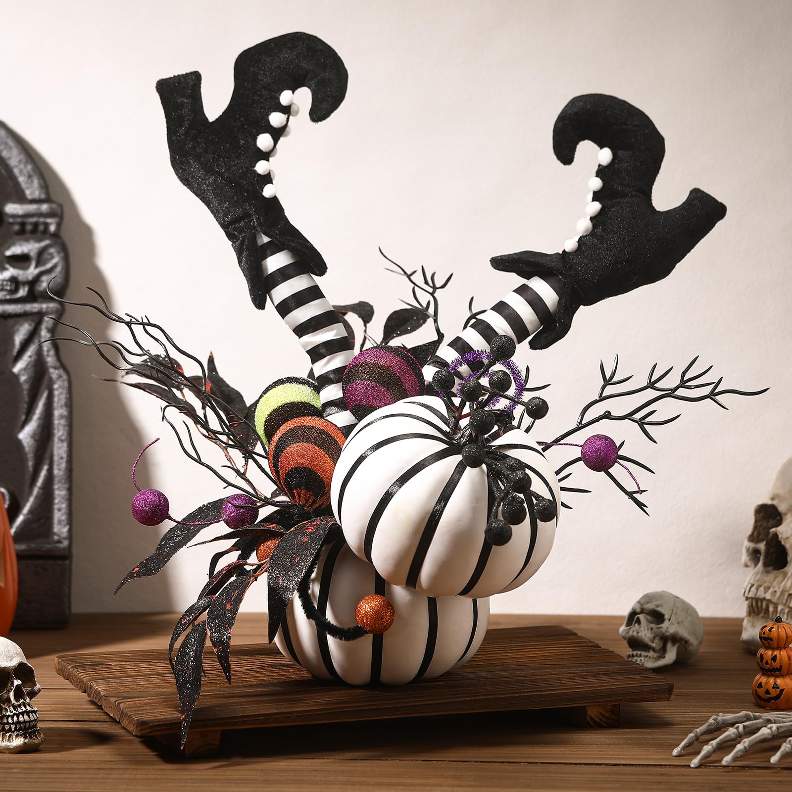 Photo 1 of Daifunli Halloween Table Centerpieces Decorations Witch Boot and Pumpkin Artificial Flowers Halloween Tabletop Decorations for Home Kitchen Indoor Haunted Party Decoration 12x17 Inch