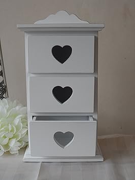 White Wood Shabby Chic Heart Storage Unit 3 Drawers Jewellery