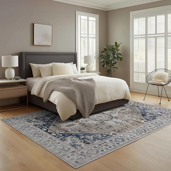 KENODITAN 9X12 AREA RUG LIVING ROOM RUGS, STAIN RESISTANT WASHABLE RUG, VINTAGE LARGE NON-SLIP BACKING, LOW PILE LIGHTWEIGHT PRINT RUG FOR BEDROOM DINNING ROOM HOME OFFICE (TAUPE/BLUE)