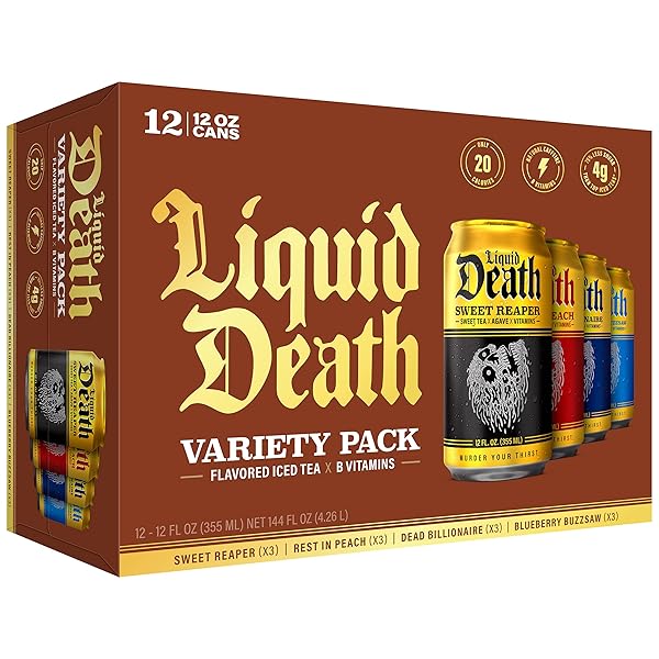 LIQUID DEATH ICED TEA – VARIETY, LESS SUGAR*, BOOST OF CAFFEINE, B VITAMINS, NO ARTIFICIAL SWEETENERS, 4 FLAVORS: TEA/LEMONADE, REST IN PEACH, SWEET REAPER, BLUEBERRY BUZZSAW, 12 FL OZ (PACK OF 12)