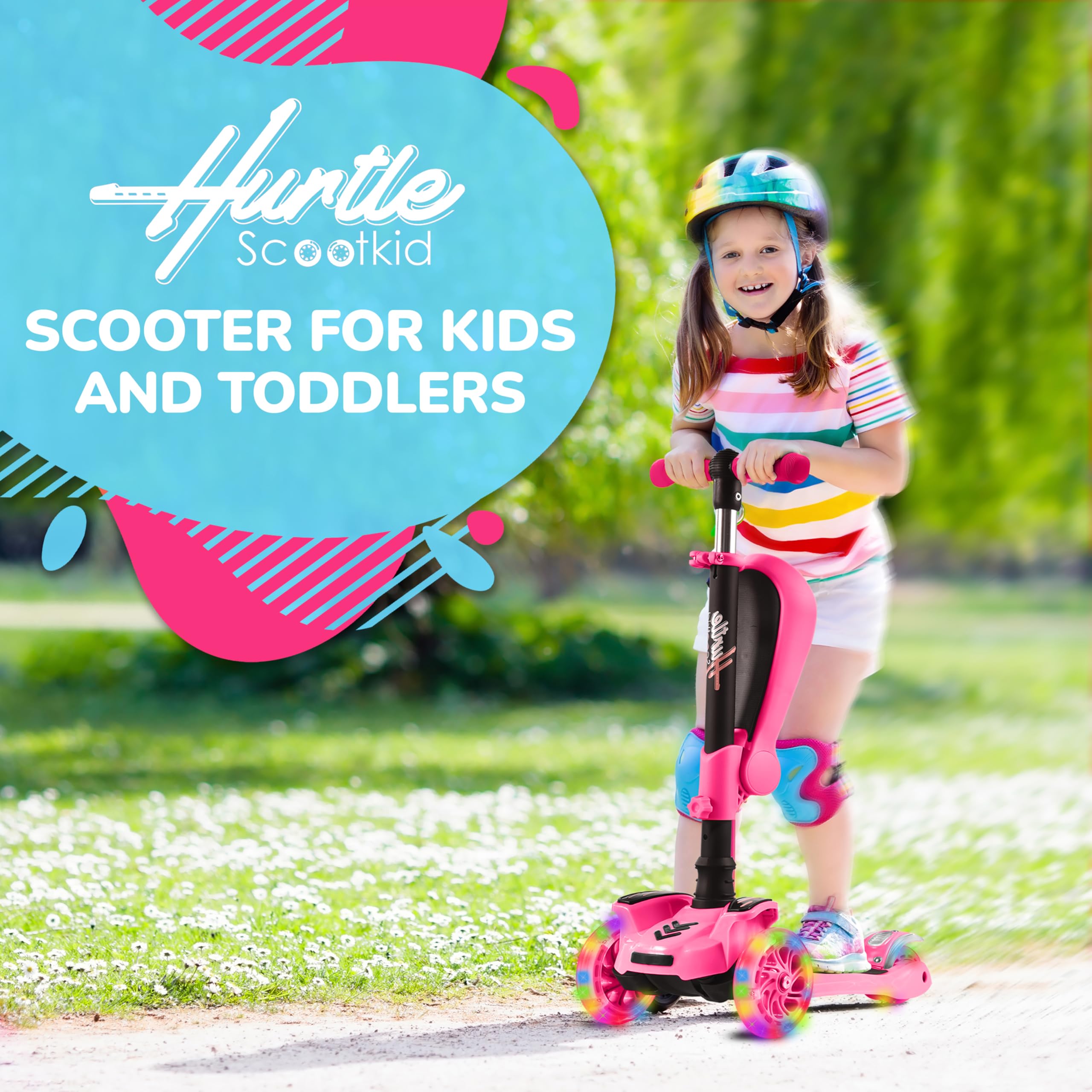 Hurtle 3-Wheeled Scooter for Kids - Wheel LED Lights, Adjustable Lean-to-Steer Handlebar, and Foldable Seat - Sit or Stand Ride with Brake for Boys and Girls Ages 1-14 Years Old