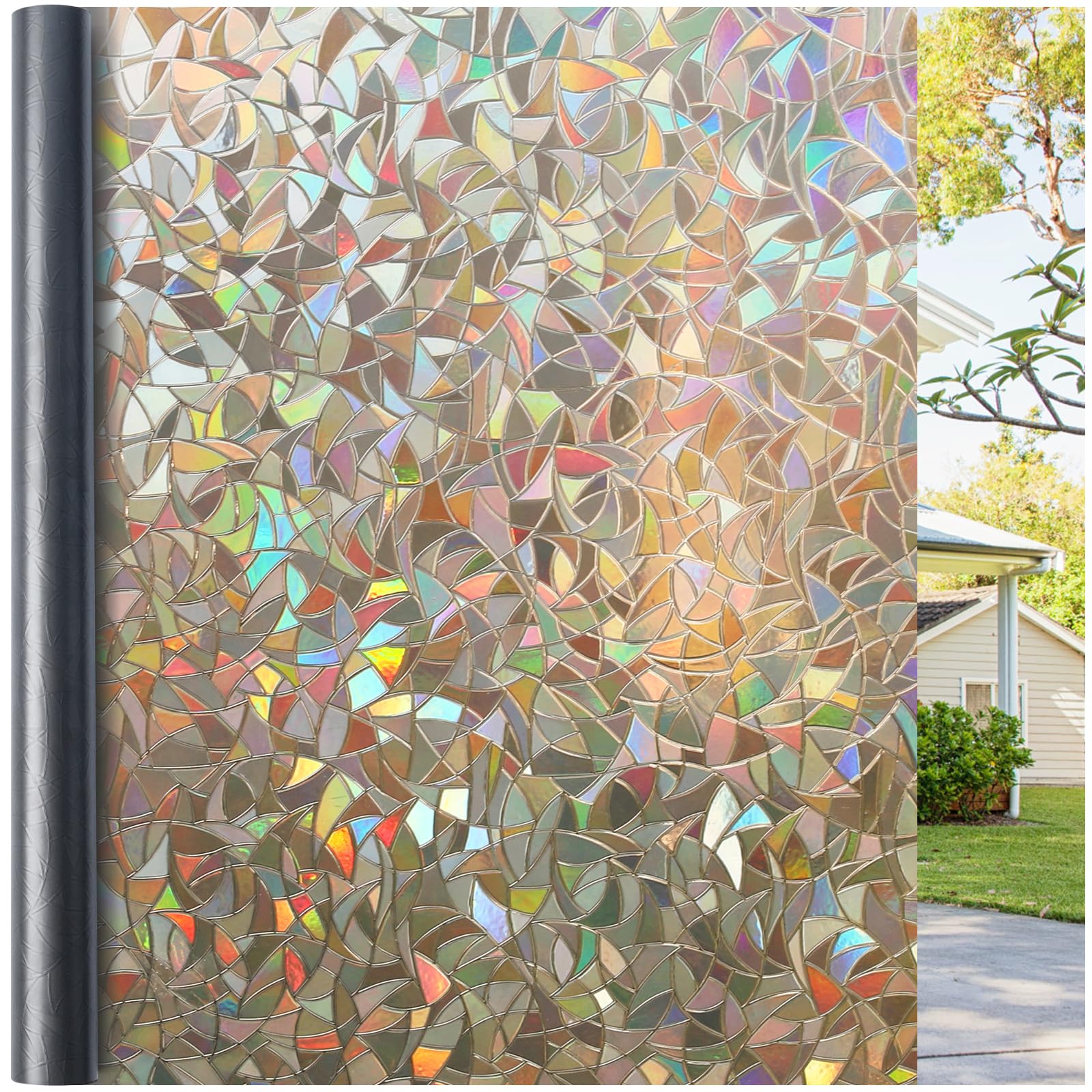 Photo 1 of Haton Window Privacy Film, Stained Glass Rainbow Film Decorative Window Clings, Static Cling Sun Blocking Sticker Decal Covering Tint for Home Heat Control, Non-Adhesive, Brown 11.8" x 78.7"