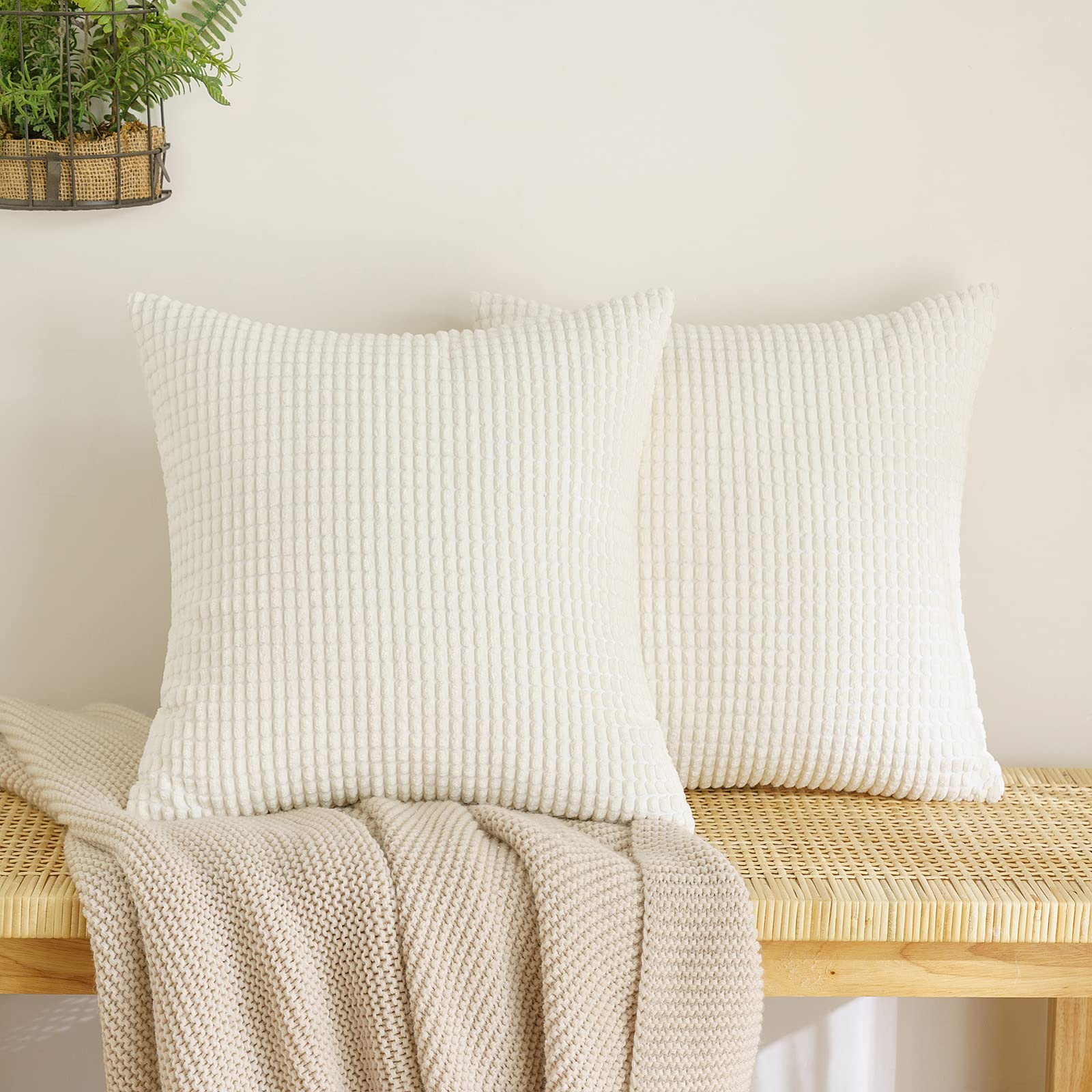 EMEMA Corduroy Granule Throw Pillow Covers Decorative Cushion Covers Square Soft Pellets Solid Pillowcase for Sofa Bedroom 24x24 Inch 2 Pieces Beige