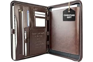 DEHITE Leather Portfolio for Men and Women - Christian Religious Gifts - Padfolio with Laptop Pocket - Letter Size Organizer for Bible Notebook Notepad - Brown Full Grain Zipper Binder