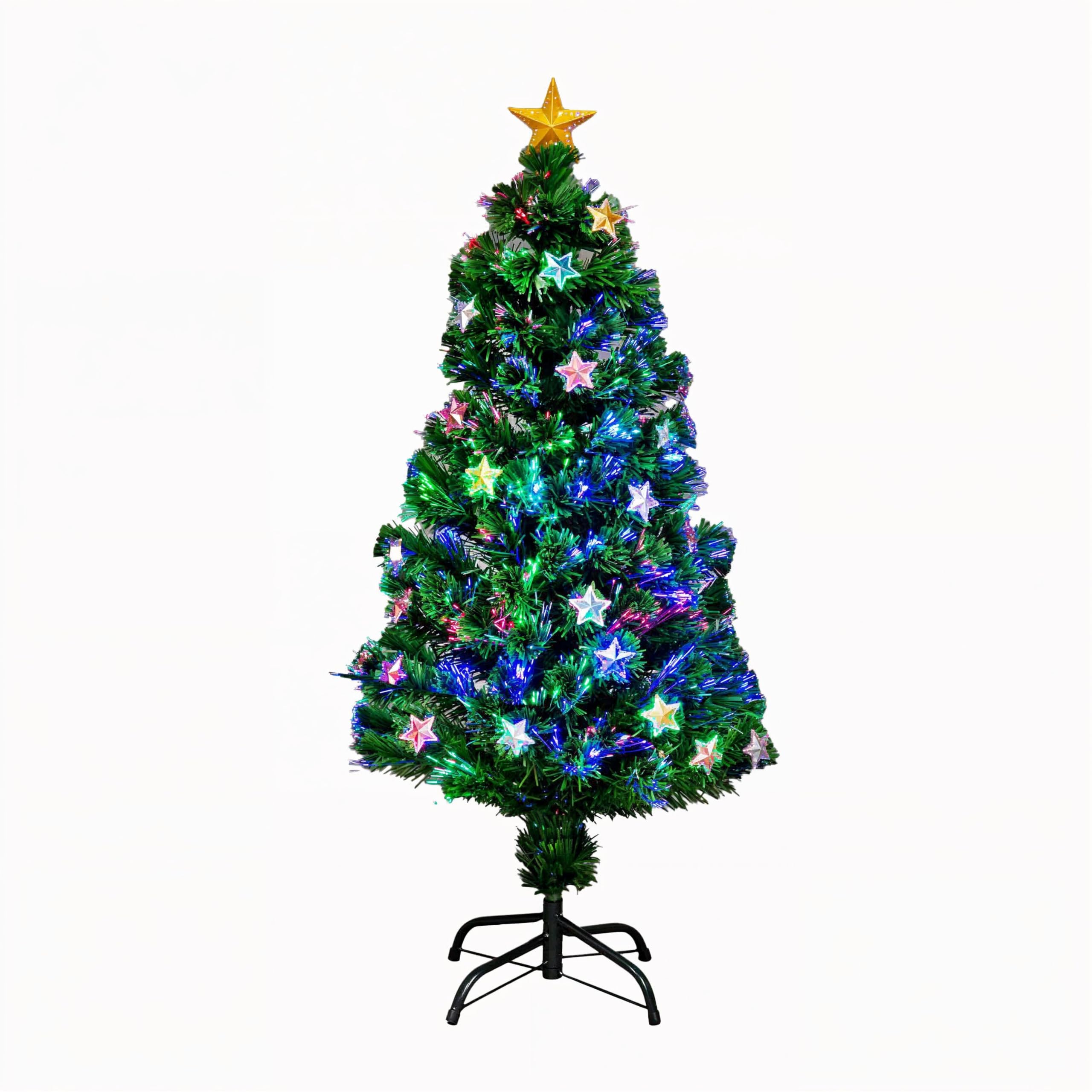 4Ft/120cm Fibre Optic Christmas Tree with Star Topper - Stars Decorations - Pre-Lit Green Artificial Xmas Tree - Multicolor Changing Lights