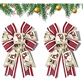 LANGFON 2 Pack Christmas Wreath Bows Christmas Decor Bow Red Santa Stripes Buffalo Plaid Ribbon Bow for Wreath, New Year Tree Topper Bows for Xmas Party Decor Indoor Outdoor Ornament Supplies