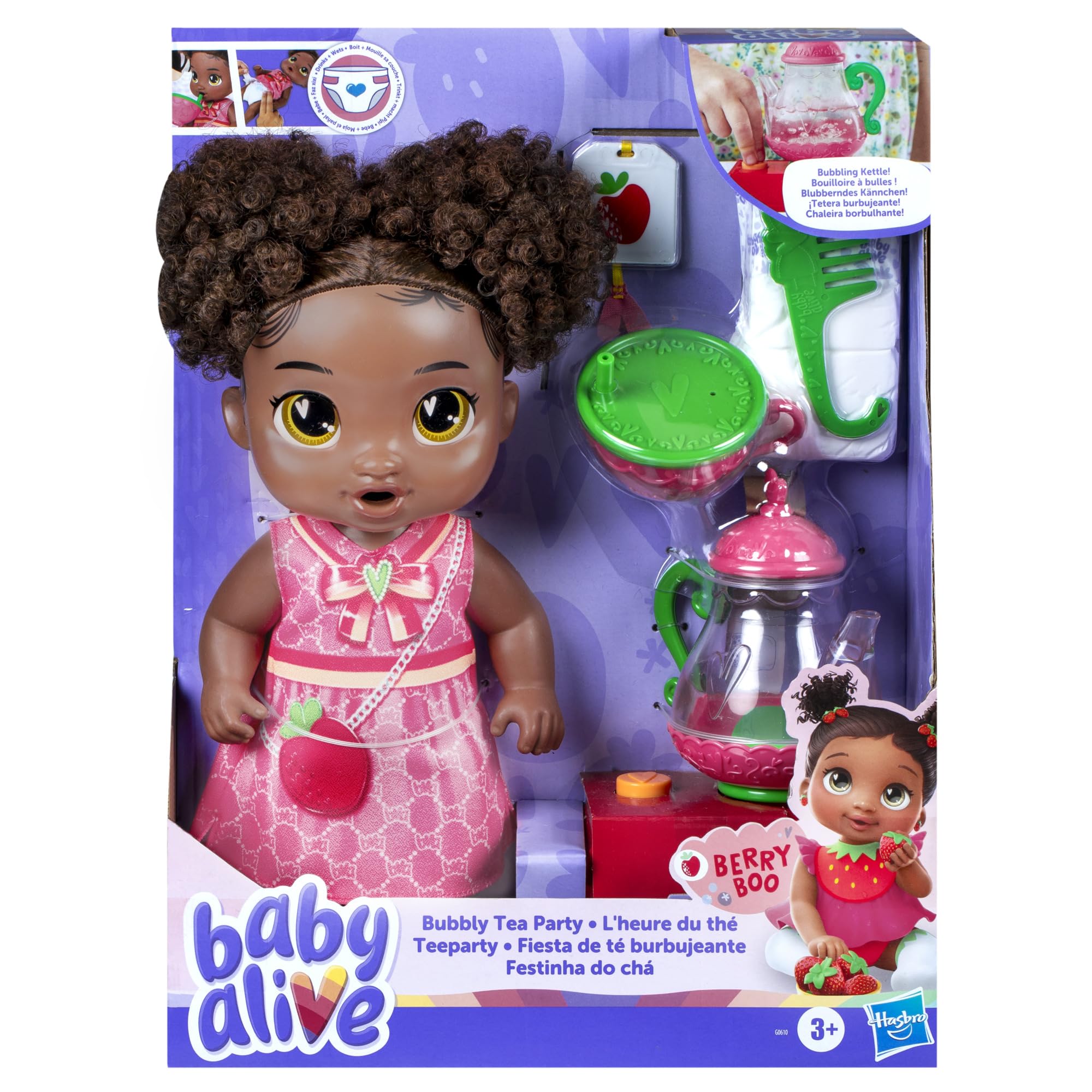 Baby Alive Bubbly Tea Party Berry Boo Doll with Teapot Accessories, Black Hair, 11 Inches, Kids Toys, Ages 3+