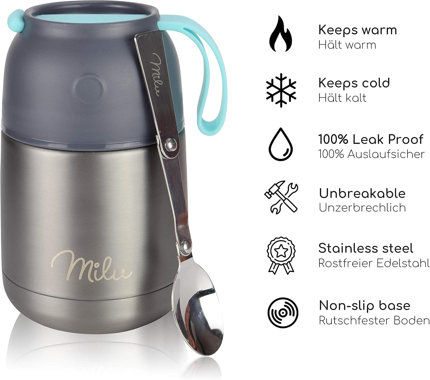 Milu Food Flask for Hot Food, 450ml Leakproof Insulated Stainless Steel Thermal Lunch Box, Soup Container with Spoon - Image 3