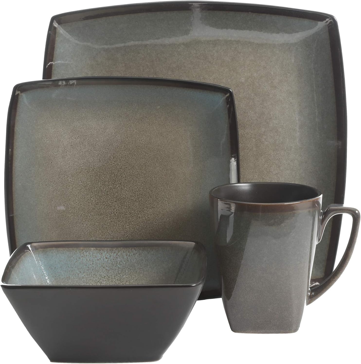  | Gibson Elite Tequesta Square Reactive Glaze Stoneware Dinnerware Set, Service for 4 (16pcs), Taupe: Dinnerware Sets