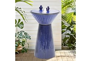 Autodaya 28" Tall Ceramic Outdoor Fountain and Waterfalls, Patio Fountain with LEDs, Birdbath for Outside, Soothing Water Feature for Relaxing Front Porch, Garden, Backyard, Cobalt Blue, 2KD Birds
