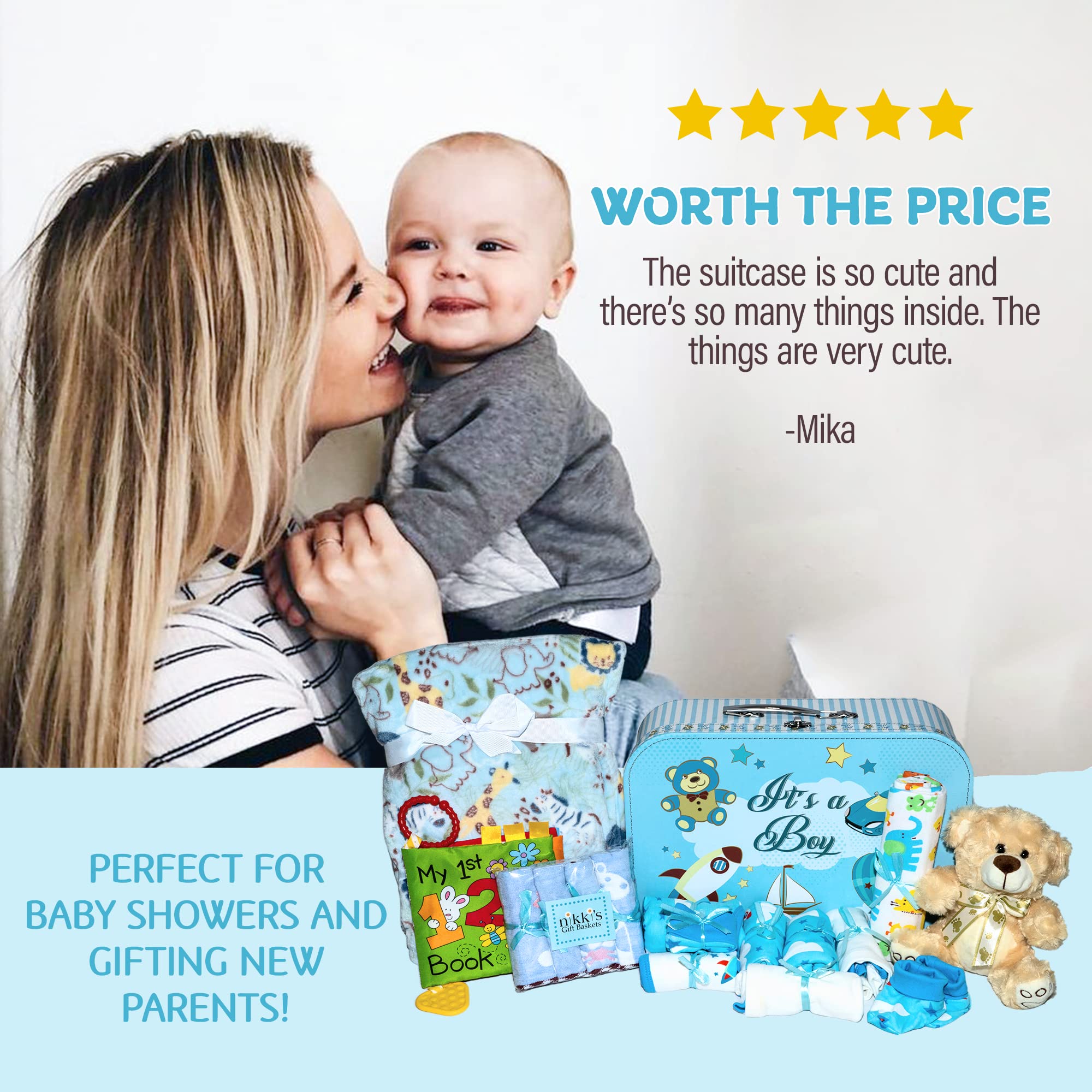 Welcome to The World Baby Boy Suitcase, Baby Layette Set and New Baby Essentials in A Durable Keepsake Suitcase Box, Blue, Large Baby Boy Gift Set - Nikki’s Gift Baskets