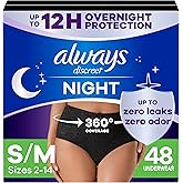 Always Discreet Adult Incontinence Overnight Underwear for Women, Small/Medium, Up to 100% Bladder Leak Protection, 48 Count (3 Packs of 16)