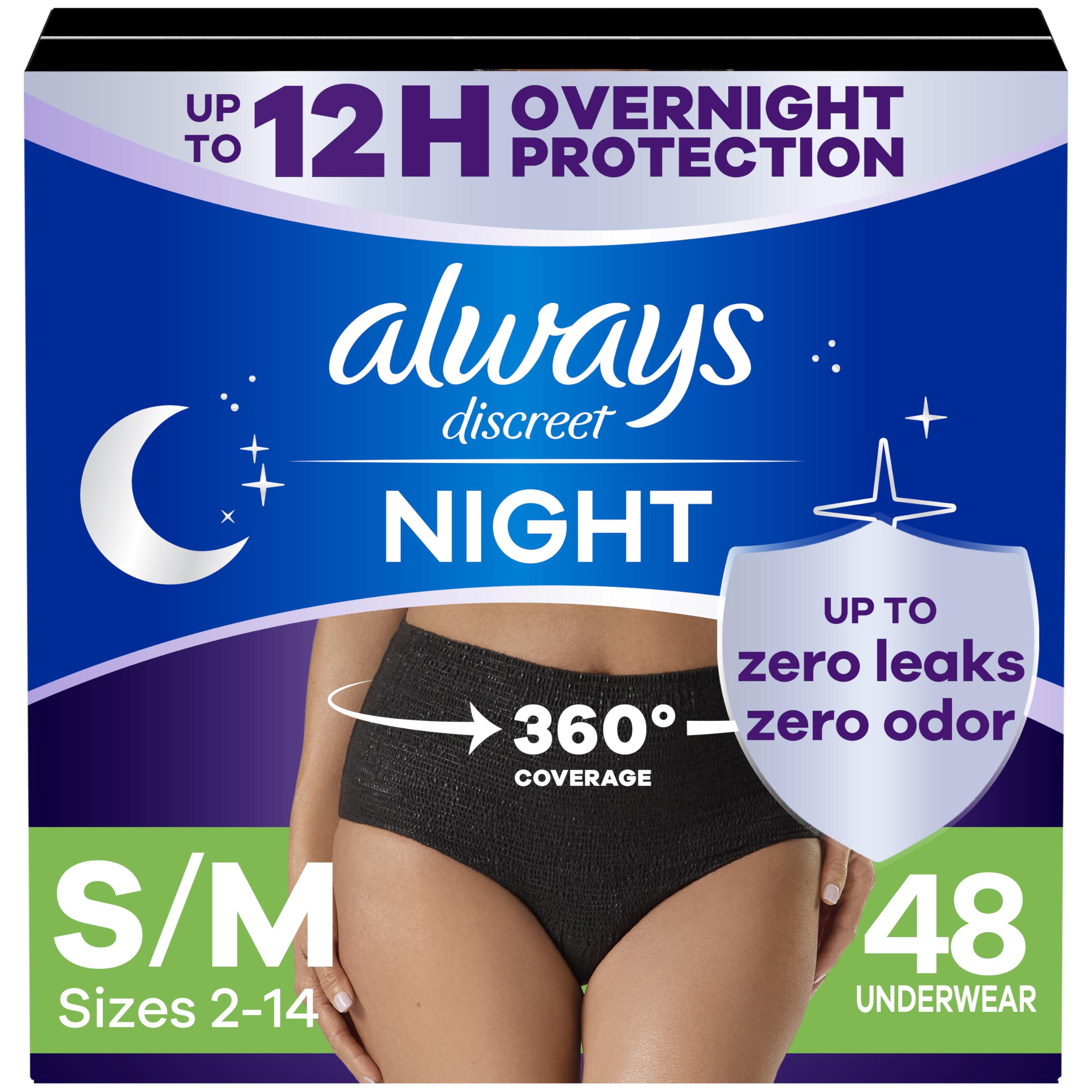 Photo 1 of *** 2 packs of 3***Always Discreet Adult Incontinence Overnight Underwear for Women, Small/Medium, Up to 100% Bladder Leak Protection, 48 Count (3 Packs of 16)