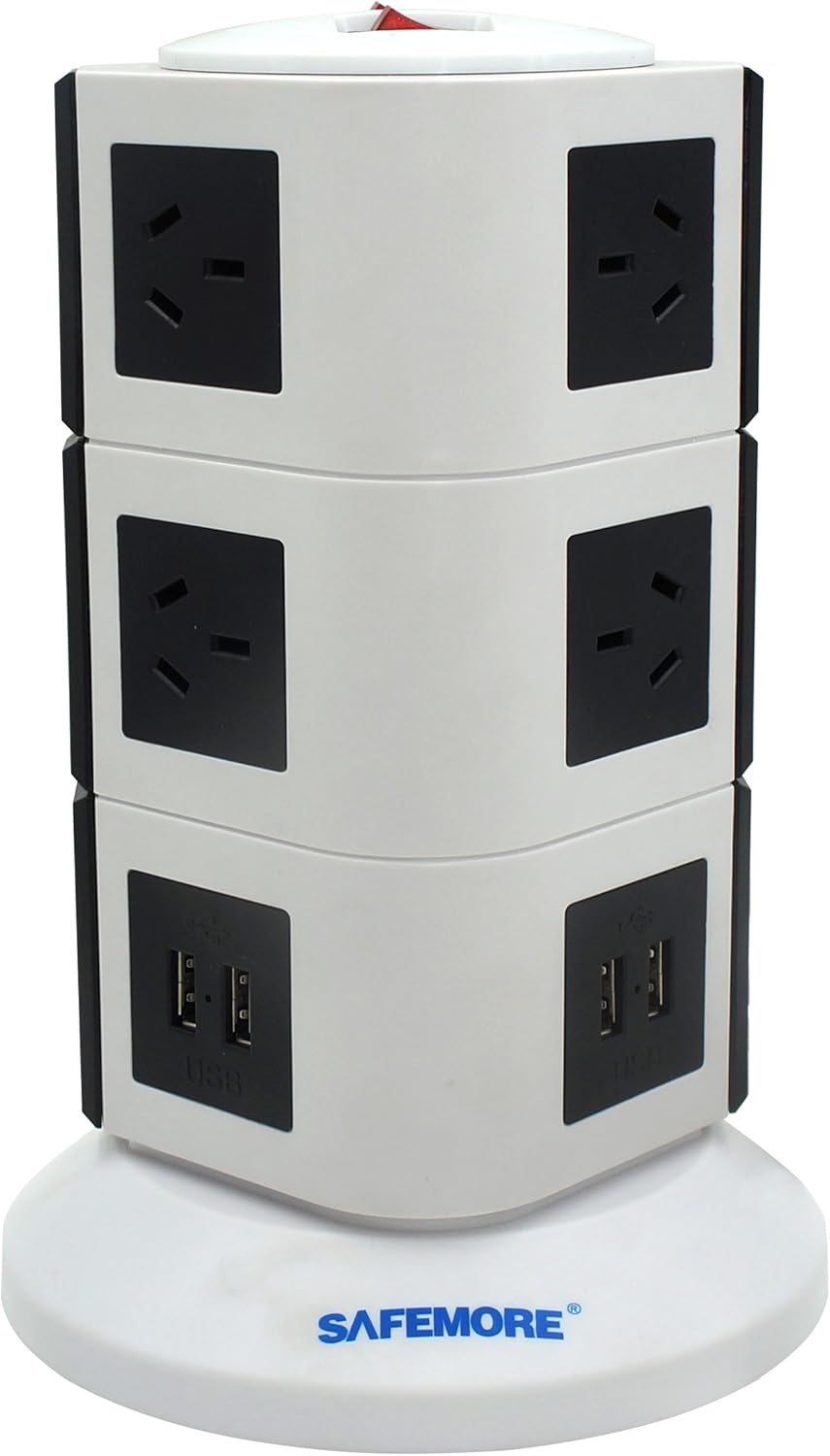 Vertical Power Board with 4 USB Ports and 10 Plugs, White and Black