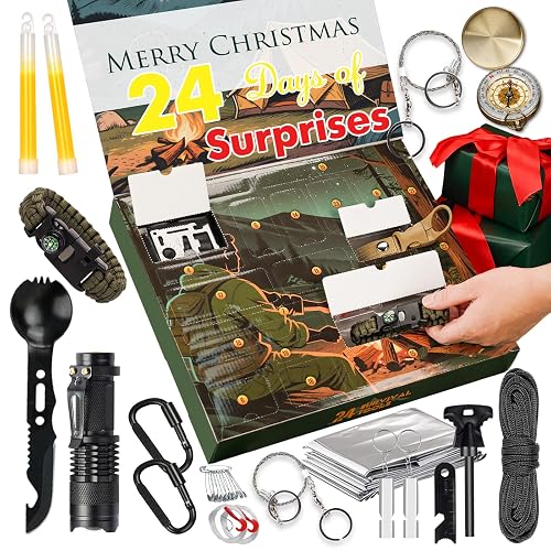 Survival Kit Advent Calendar 2025 for Adult Men Women-24 Days Christmas Countdown with Survival Gear for Outdoor Camping, Fishing, Hunting, Hiking-Gifts for Men Dad Him Teen Boys-Stocking Stuffers