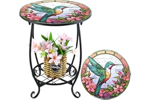 Cinnvoice Outdoor Side Table Round Small Mosaic Patio Accent Indoor End Plant Metal Coffee Tea Table for Yard Porch Garden Patio Living Room, Bedroom(Hummingbird Style,14 Inch)