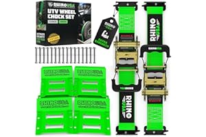 Rhino USA Wheel Chock Tie Down Kit 4,500lb Break Strength (2) Heavy Duty Trailer Tire Ratchet Straps (4) Wheel Chocks - E Track System for ATV, UTV, Lawn Mower Four Wheeler - Green