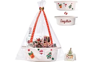 INFIBAY Christmas Baskets for Gifts Empty, Woven Rope White Christmas Gift Baskets Empty with Handle, Ribbon, Row Decor, Personalized Name Cotton Rope, Xmas Holiday Storage Gifts Baskets Decor for Home