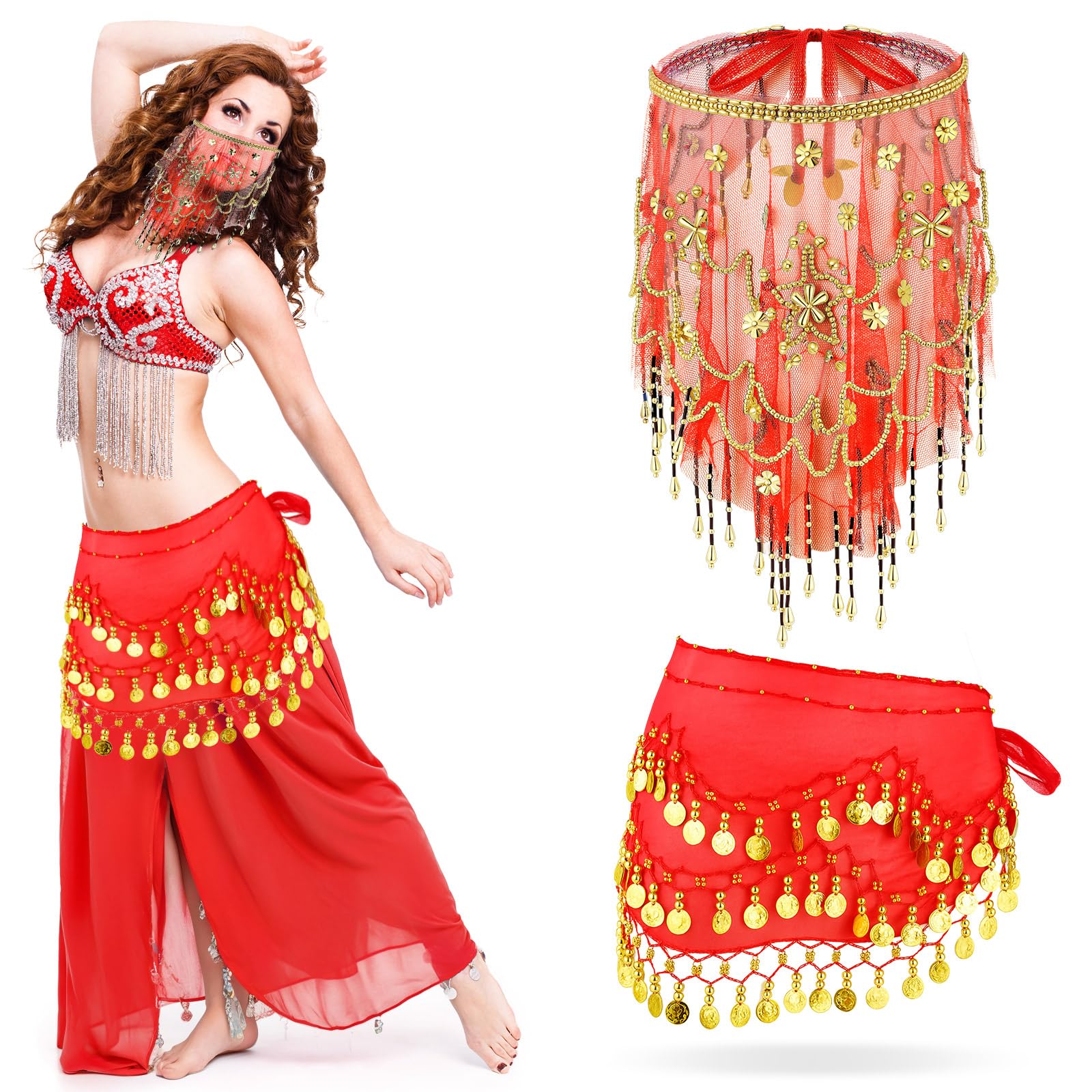 Photo 1 of ***MISSING PARTS***
Mepase 1 Set Belly Dancer Outfit Belly Dance Hip Scarf Face Veil with Beads Sequins for Women Halloween Costume Accessory (Red)