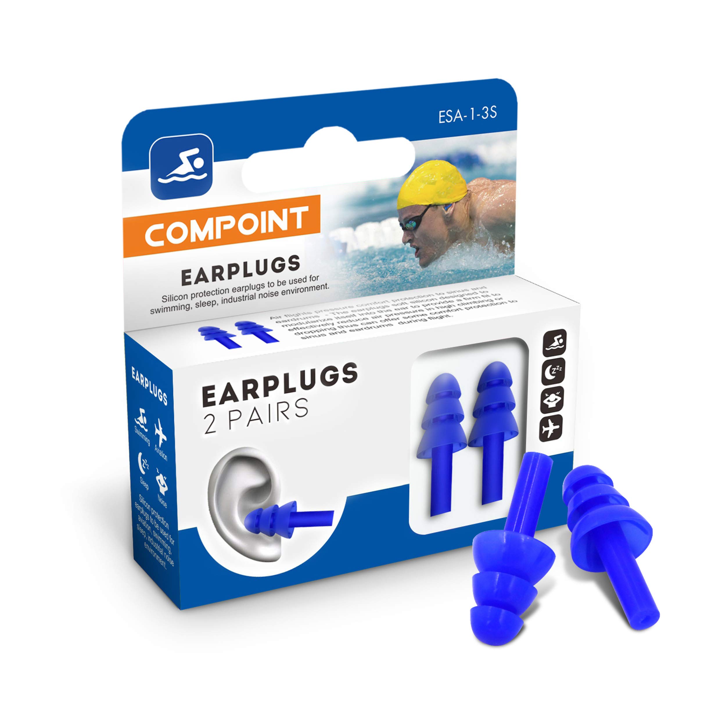 COMPOINT 2 Pair Earplugs for Industrial Noise Earbuds Ergonomic Design Plugs Fit Your Ear Canal Comfortable Hypoallergenic Liquid Silicone Rubber SNR 23dB(CE), 25dB, 27dB