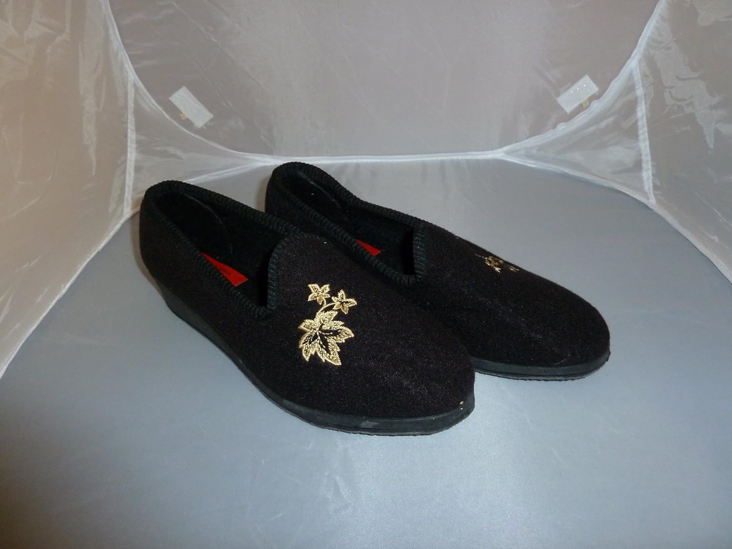 older ladies black slippers uk size 3 gold leaf rubber sole non slip