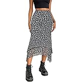 Avanova Women Mesh Asymmetrical Mermaid Midi Skirt High Waist Fishtail Long Skirt