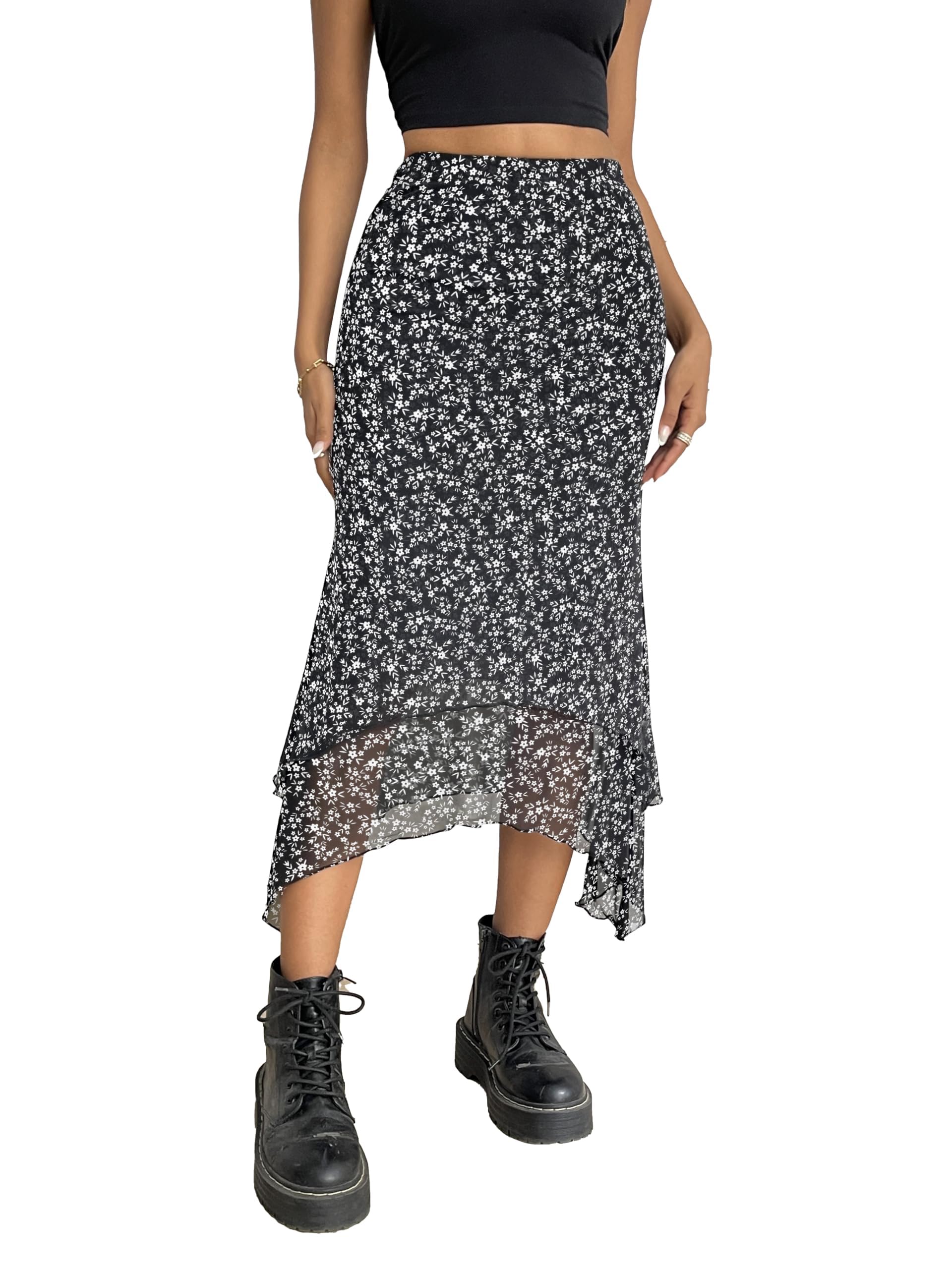 Photo 1 of Avanova Women Boho Floral Mesh Asymmetrical Midi Skirt High Waisted Long Skirts Floral Black D Small