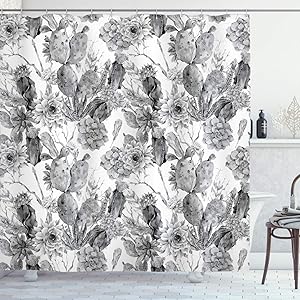 Ambesonne Cactus Shower Curtain, Boho Form Style Monochrome Cactus Flowers and Feathers Exotic Botanical Vintage, Cloth Fabric Bathroom Decor Set with Hooks, 70